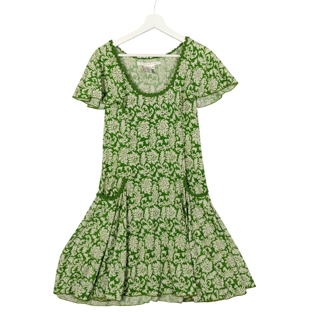 Max Studio Womens Retro Cottagecore Prairie Green Floral Dress Flutter Sleeve M